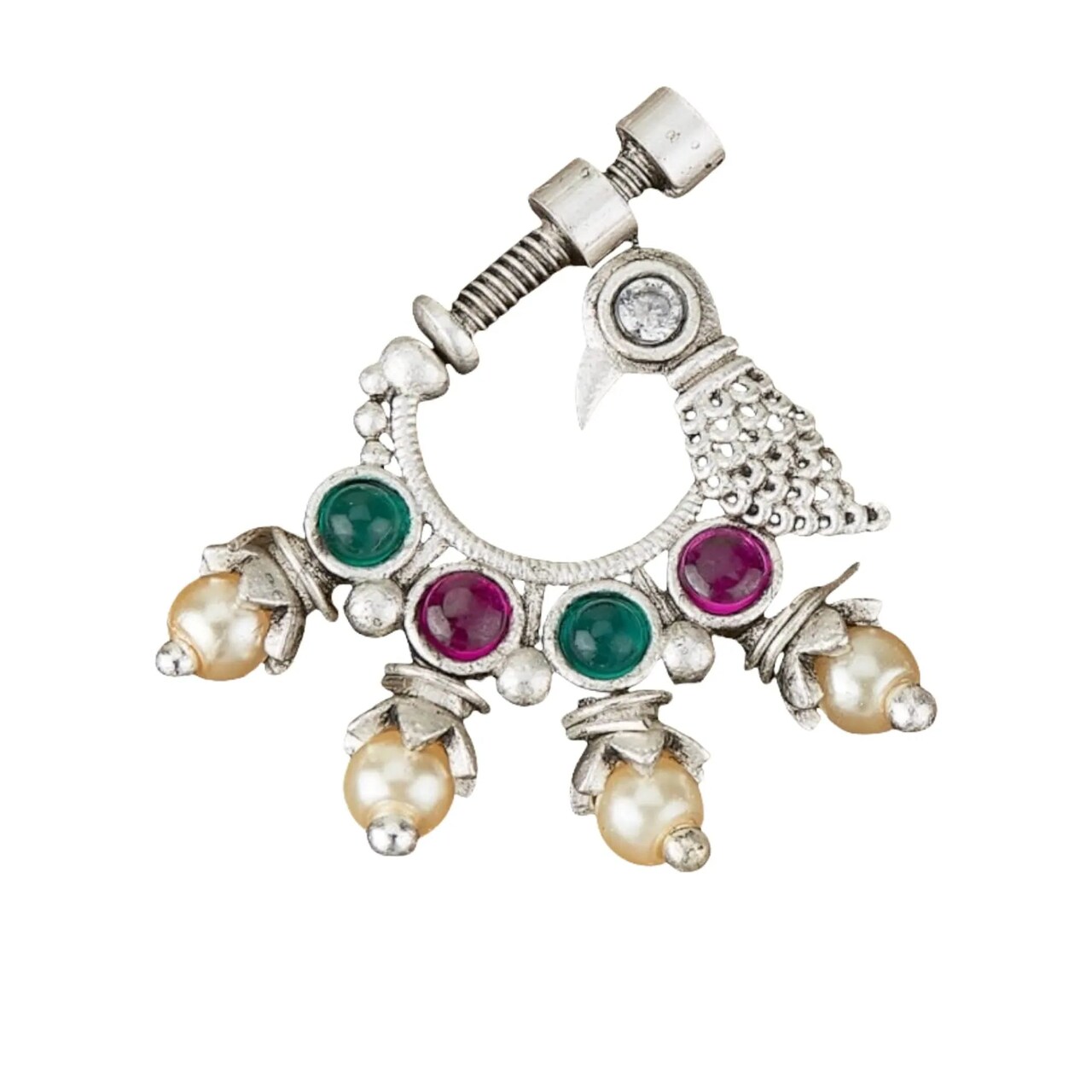Screw Lock Nose Ring for Women - Indian Bird Nose Ring German Silver Nath with Rhodium Plating Faux Pearl Nosepin Non-Piercing Bridal Jewellery for Women - Birthday Gift for Her